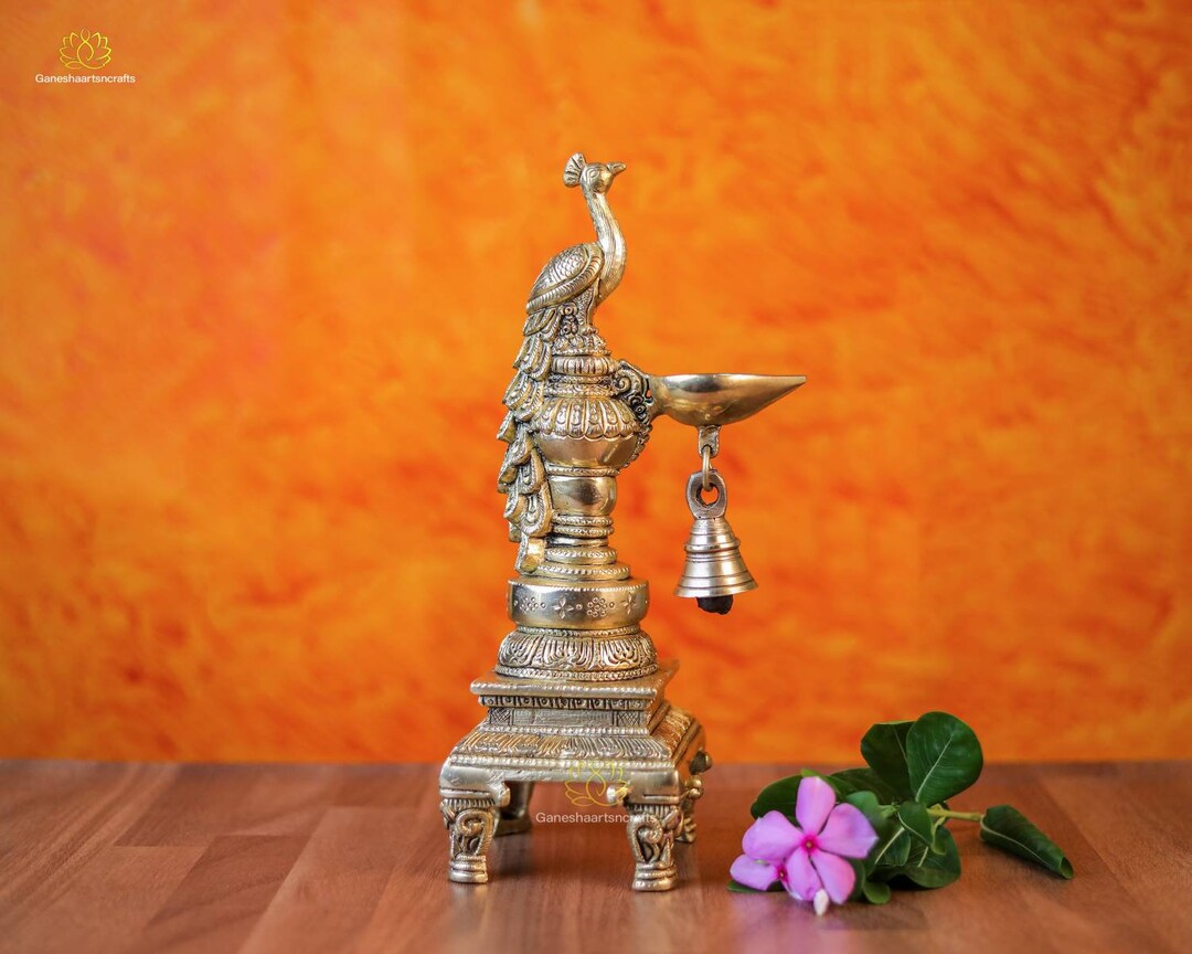 Brass Diya Brass Oil Burner Peacock Bell Oil Lamp Temple Diya Diya With
