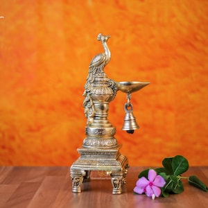 Brass Diya | Brass Oil Burner | Peacock Bell Oil Lamp | Temple Diya | Diya with Bell | Diwali Decorations Gift | oil Lamp | Religious Decor|