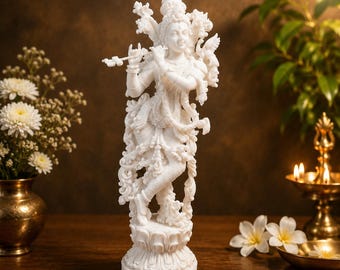 Lord Krishna Statue, White Culture Marble Krishna Idol, 15"Inch, Home Decor