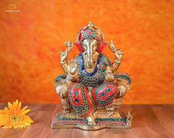 Estatua de Ganesha de latón con incrustaciones de piedra - Señor Vinayaka, regalo de buena suerte (26 cm)