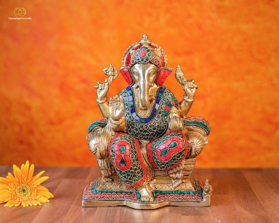 真鍮製ガネーシャ像（象嵌石付き） - ヴィナヤカ神、幸運の贈り物（26