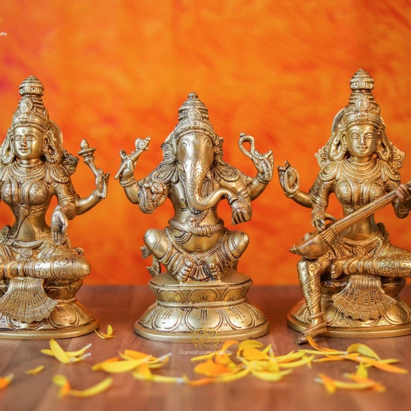 Lakshmi Ganesh Saraswati-standbeeld | Messing Lakshmi Ganesha | Diwali Puja Idol | God van wijsheid | Godin van rijkdom | Hindoe-godsgodin | Diwali geschenk |