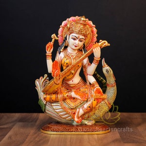 Saraswati on Hans | 8&quot;inch | Cultured Marble Sarswati | Brahma Wife | Savitri | Hindu Goddess| Veena Saraswati Idol | Goddess of Knowledge |