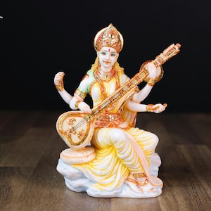 Saraswati Statue | Cultured Marble Sarasvati Idol | Veena Saraswathi Statue | Goddess OF Music | Knowledge | Art | 15 CM | Hindu Goddess |