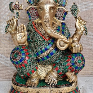 Brass Ganesha Statue: 40 CM Lord Ganesha with Stone Work