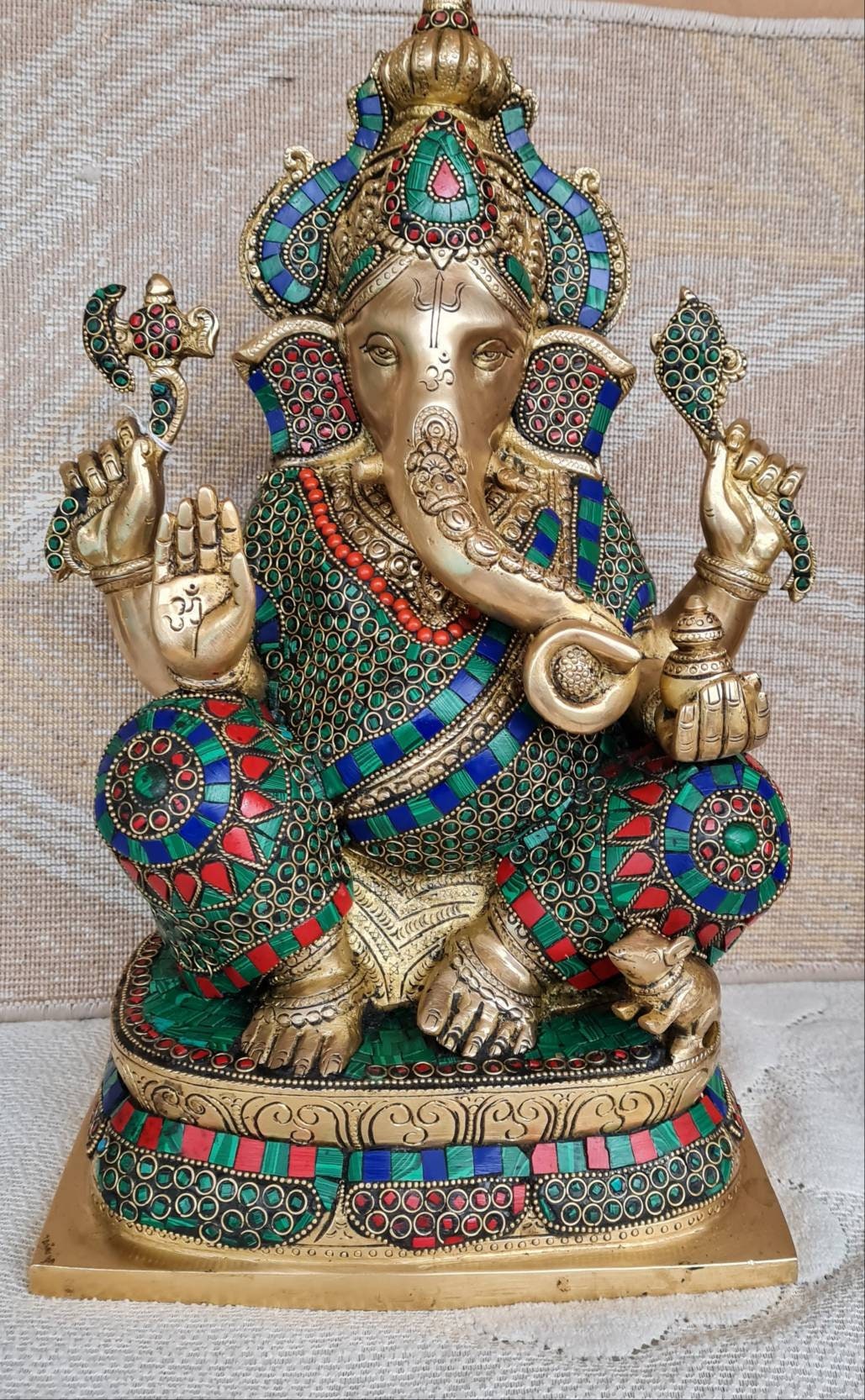 Brass Ganesha Statue: 40 CM Lord Ganesha with Stone Work