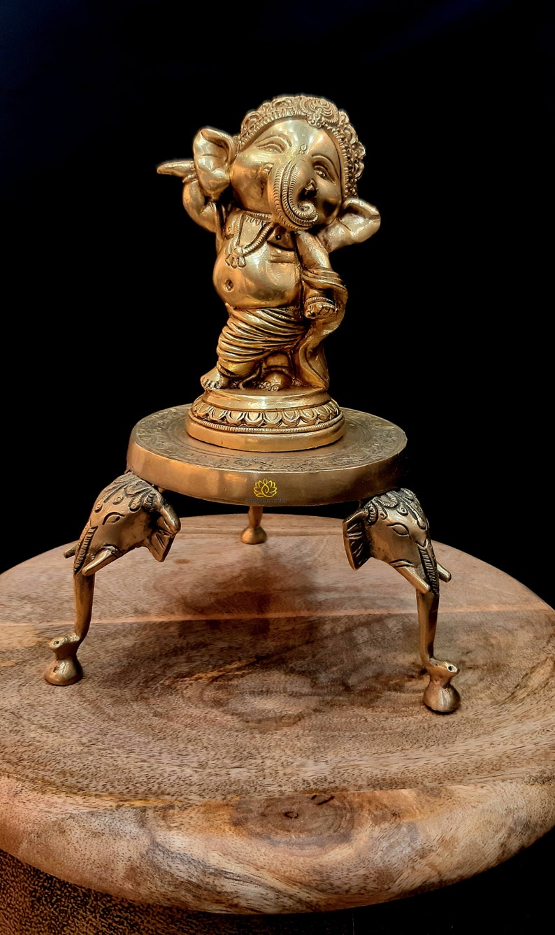 Estatua de latón de Ganesh en elefante Chowki - Regalo de Diwali de arte indio imagen 9