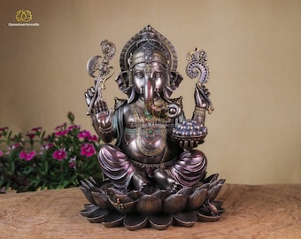 Ganesh Statue | 31 CM Bonded Bronze Ganesha | Lord Ganesh Idol On Lotus | Ganapati | Lord Vinayaka | God of New Beginning | Good Luck Gift |