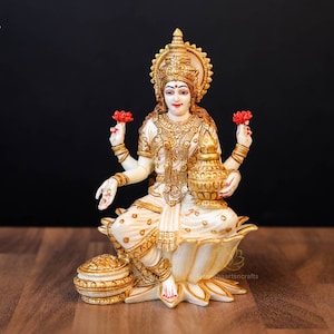 Hand Painted Lakshmi Statue - Hindu Goddess of Wealth, 7 Inch