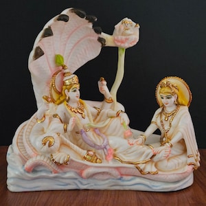 Vishnu Lakshmi Statue: Hand-Painted Laxmi Narayan Idol on Cultured Marble