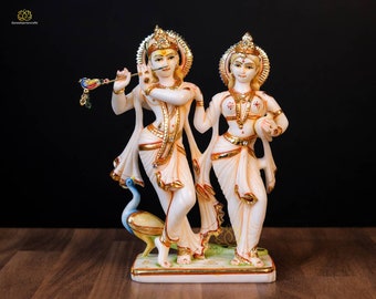 Dansend standbeeld van Radha Krishna: gecultiveerd marmer hindoegod idool (19 CM)