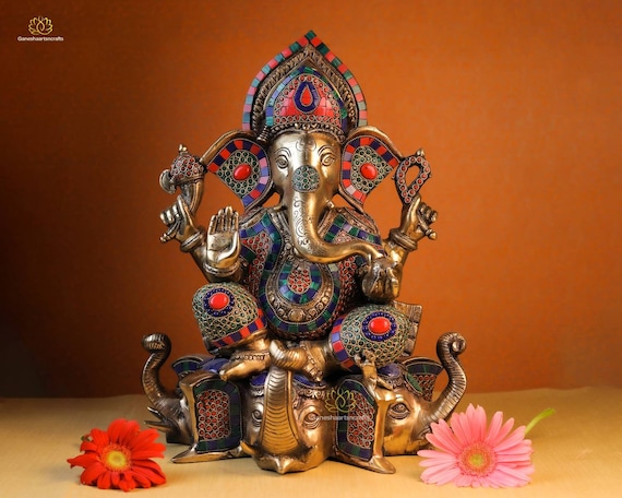 Brass Ganesha Statue: Elephant Trunk Base, Stone Work, Hindu God