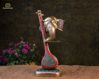Brass Ganesha Statue: Veena Playing Elephant God, Indian Decor