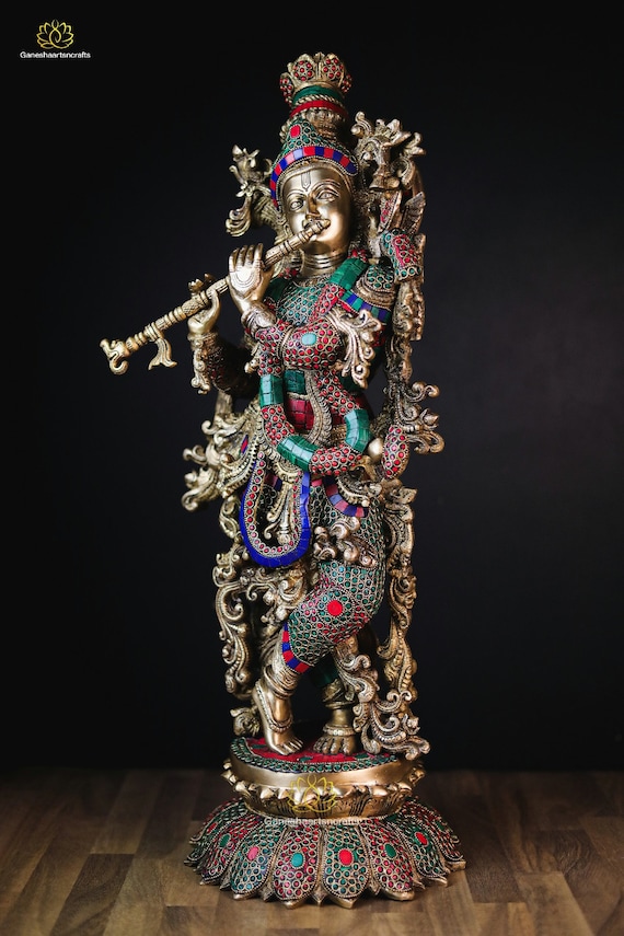 フルートと石細工が施された大きな真鍮製クリシュナ像（71 cm） - Etsy