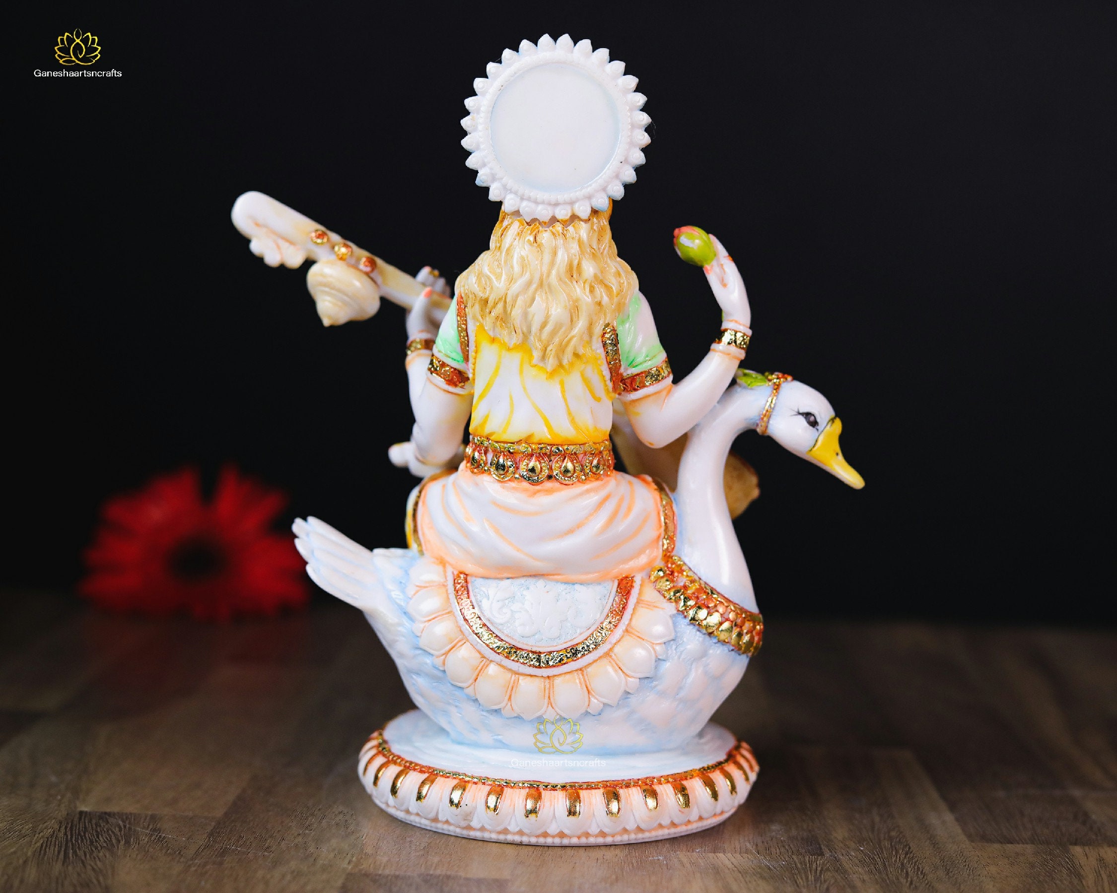 白鳥に乗ったサラスワティ女神像：接着ブロンズ製ヒンドゥー美術（21cm