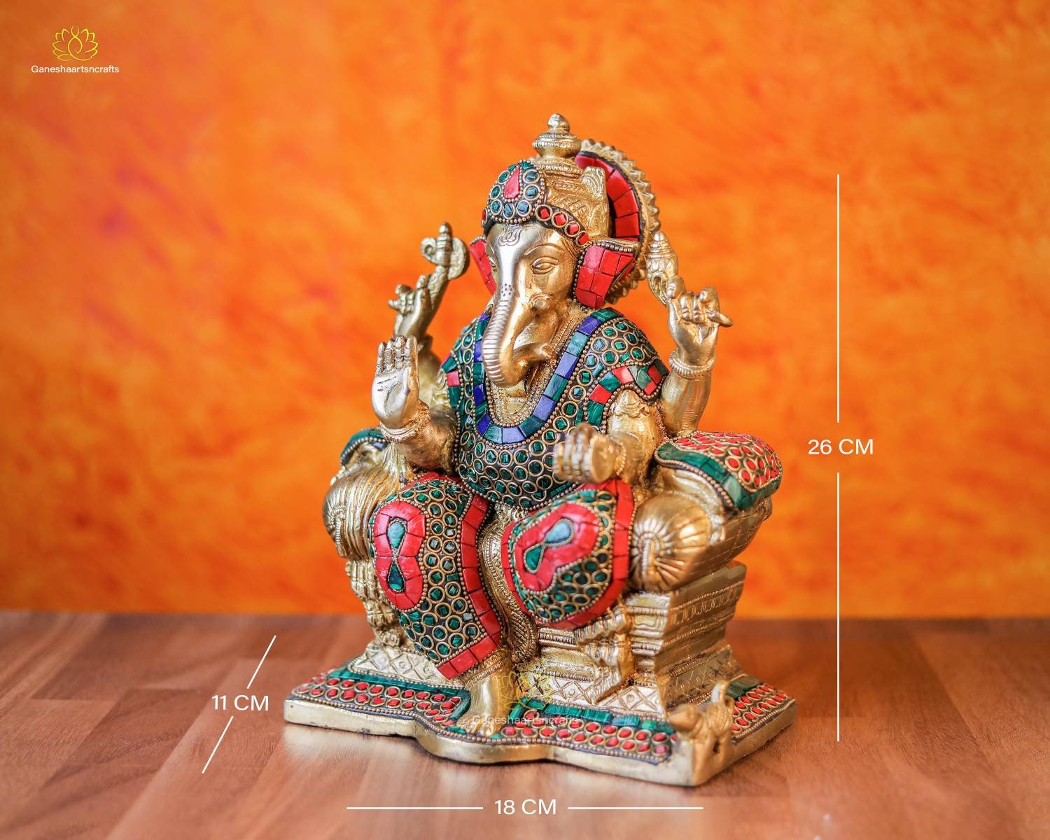 真鍮製ガネーシャ像（象嵌石付き） - ヴィナヤカ神、幸運の贈り物（26