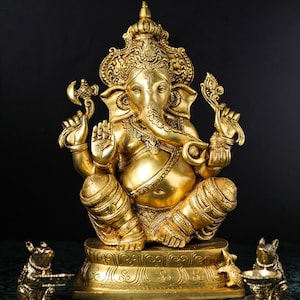 Large Brass Ganesha Statue: Hindu God of Luck, Home Decor (40 CM)
