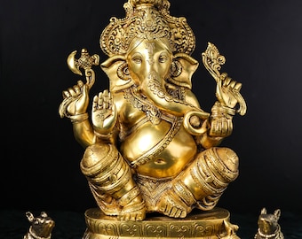 Large Brass Ganesha Statue: Hindu God of Luck, Home Decor (40 CM)