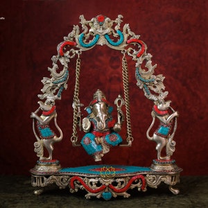 Swing Ganesha | Brass Swing Ganesh | Ganesh With Inlay Stone Work | Diwali Decorations | Religious Decor | Large Sige Swing Ganesh | 46 CM