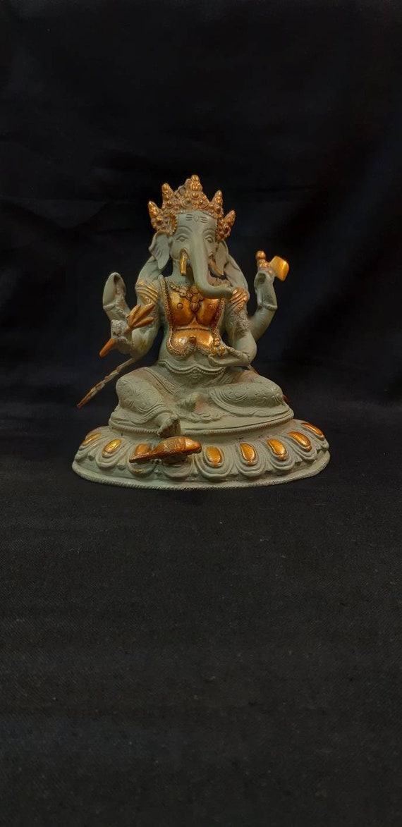 Brass Ganesha Statue: Green Patina Elephant Head God (9 inch)