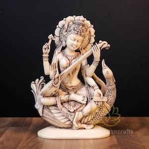 Saraswati on Hans  | 21 CM | Cultured Marble Sarswati | Brahma Wife | Savitri | Hindu Goddess| Veena Saraswati Idol | Goddess of Knowledge |