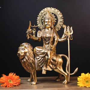 Gran estatua de Durga de latón: diosa hindú Parvati, guerrera Shakti (38 cm)