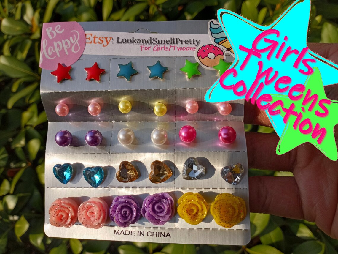 15 Pairs Girls Tween Stud Earrings Sparkly Star Heart Flower Etsy
