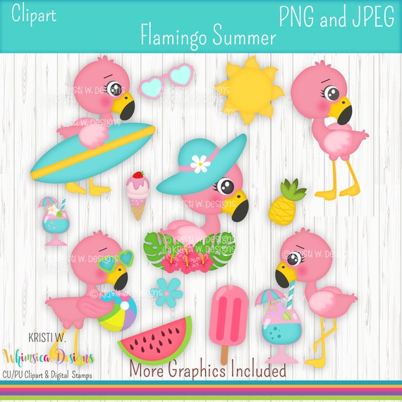 Flamingo Summer- Digital Clipart PNG JPEG Graphics-Kristi W Designs, Scrapbook, Sublimation, DieCuts, Cookie Cutters, Clothing, Fabric Il_570xn