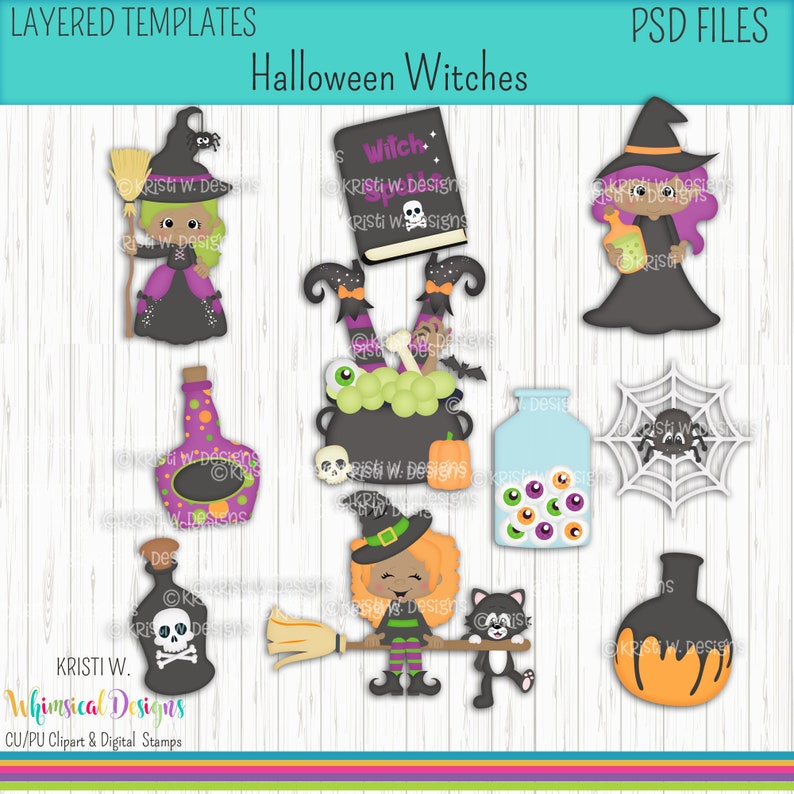 Scrapbook Scrapbook Sublimation,Cookie Cutters Halloween Witches-Dark Skin Digital PSD Layered Graphics-Kristi W Designs Clothing