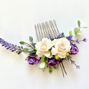Bridal Hair Accessory, Floral comb with Creamy White Roses & Lavender image 2