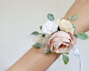 Pretty Wedding wrist corsage Blush and Ivory