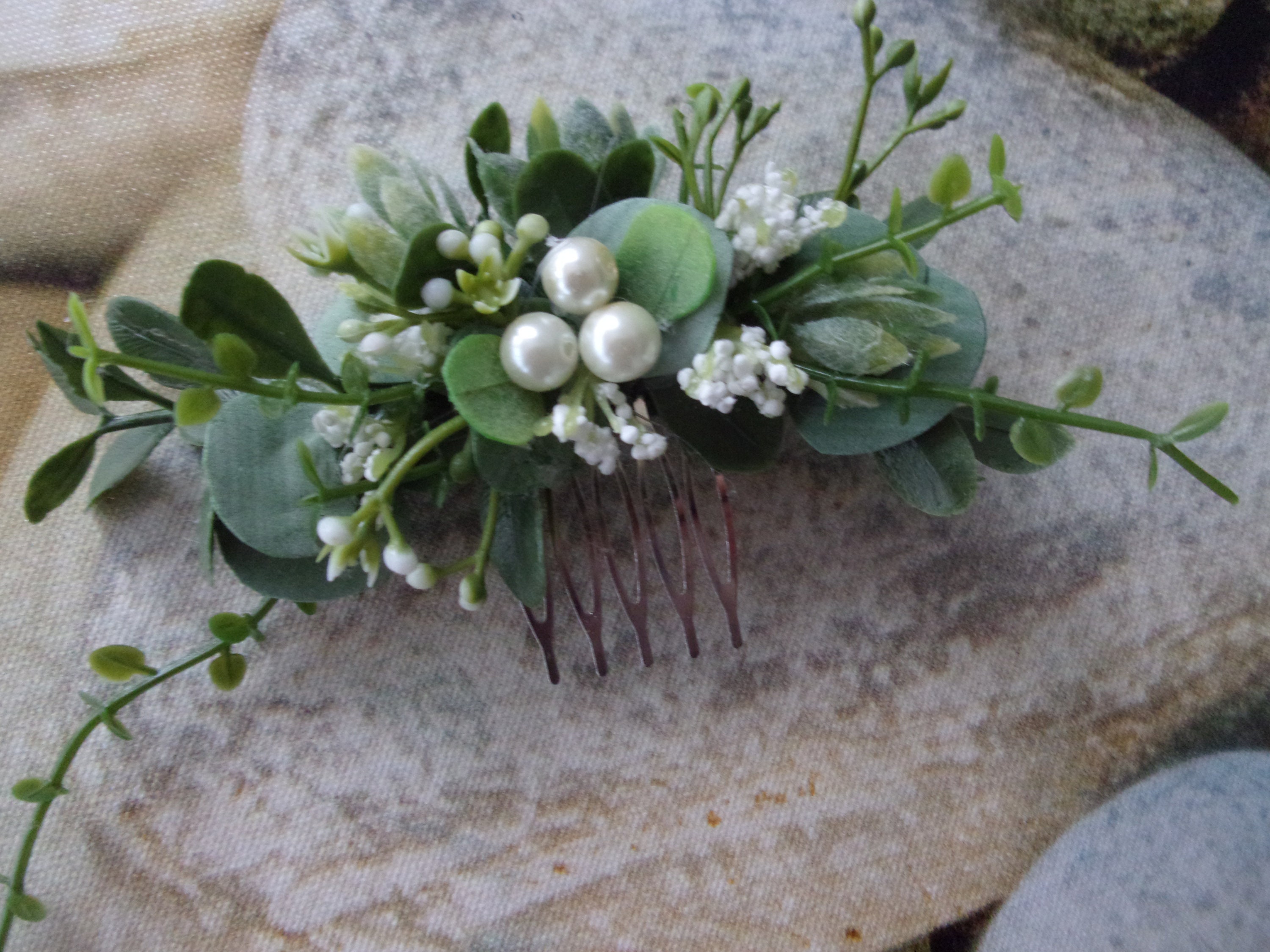 Romance - Bridal Hair Accessory, Eucalyptus and Pearls