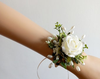 LOVE IN A MIST - Wedding wrist corsage White Roses and Pearls