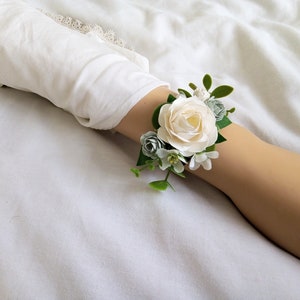 Wedding Wrist Corsage, Sage green and off White