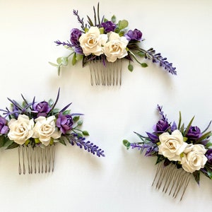 Bridal Hair Accessory, Floral comb with Creamy White Roses & Lavender image 5