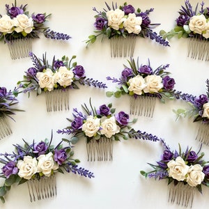 Bridal Hair Accessory, Floral comb with Creamy White Roses & Lavender image 1