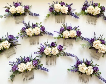 Bridal Hair Accessory, Floral comb with Creamy White Roses & Lavender