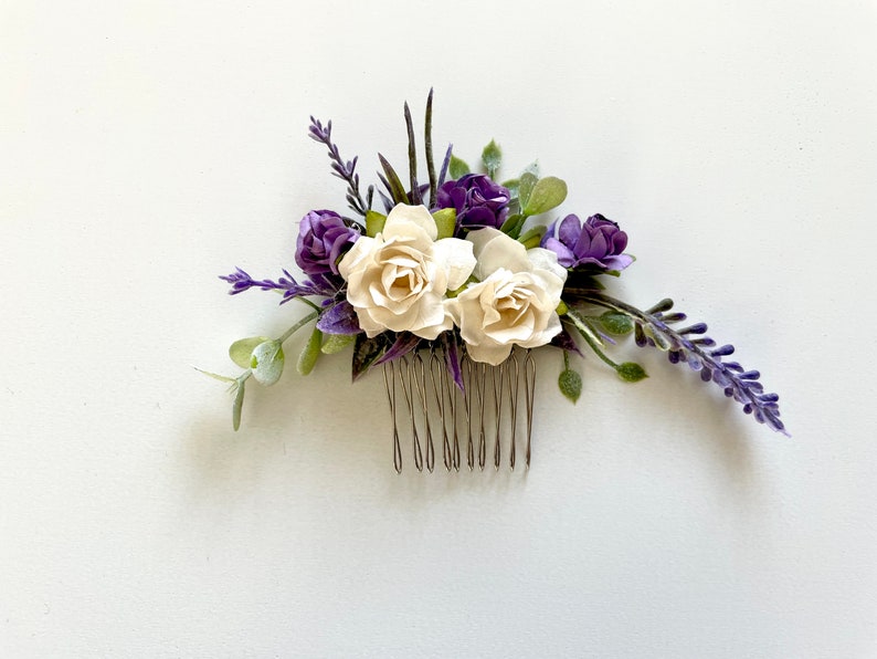 Bridal Hair Accessory, Floral comb with Creamy White Roses & Lavender image 4