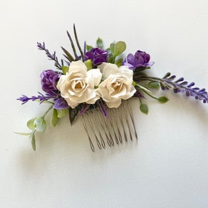 Bridal Hair Accessory, Floral comb with Creamy White Roses & Lavender image 6