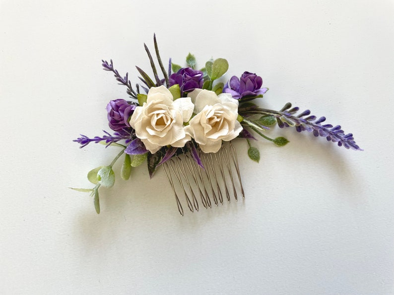 Bridal Hair Accessory, Floral comb with Creamy White Roses & Lavender image 6