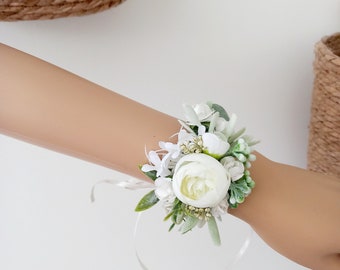 Pretty Wedding / Prom wrist corsage, white and green
