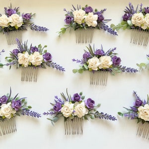 Bridal Hair Accessory, Floral comb with Creamy White Roses & Lavender image 3