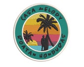 CUSTOM Casa Roatan Palm Trees Sunset Patch 3.5 quot Embroidered Iron-On Custom Applique, Vacation Beach Ocean Sea Life Swimming Sun Sand Surfing