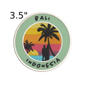 Bali Indonesia Palm Trees Sunset Patch 3.5" Embroidered Iron-On Custom Applique, Vacation Beach Ocean Sea Life Swimming Sun & Sand Surfing