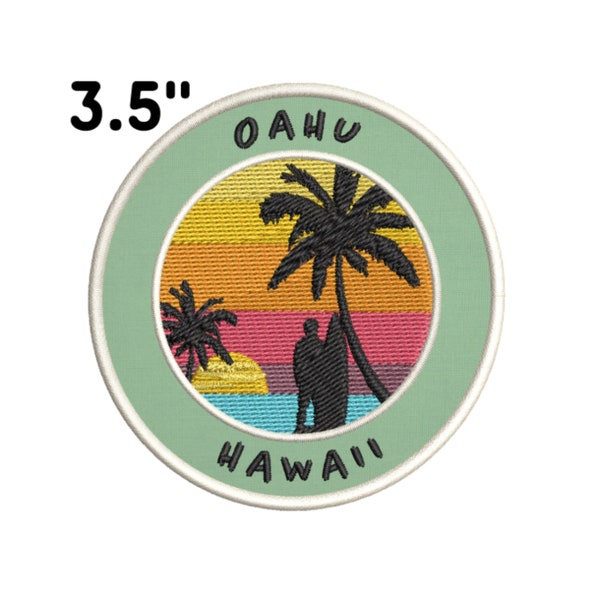 Oahu Hawaii Surfer Patch 3.5" Embroidered DIY Iron-On Applique Vest Backpack Clothing Nature Adventure Palm Tree Beach Scuba Diving Tropical