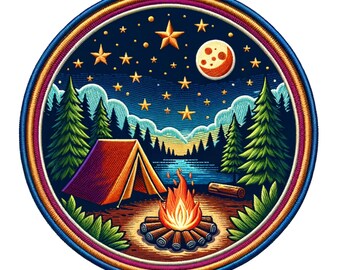 Camping in the Mountains Patch Embroidered Iron-on/Sew-on Applique Clothing Vest Backpack Jacket, Forest Trees, Moon & Stars, Lake, Campfire