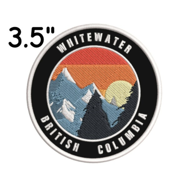 Whitewater British Columbia Patch 3.5" Embroidered DIY Iron-On Applique Vest Clothing Backpack Mountains Forest Trees Sunset Ski Resort Snow