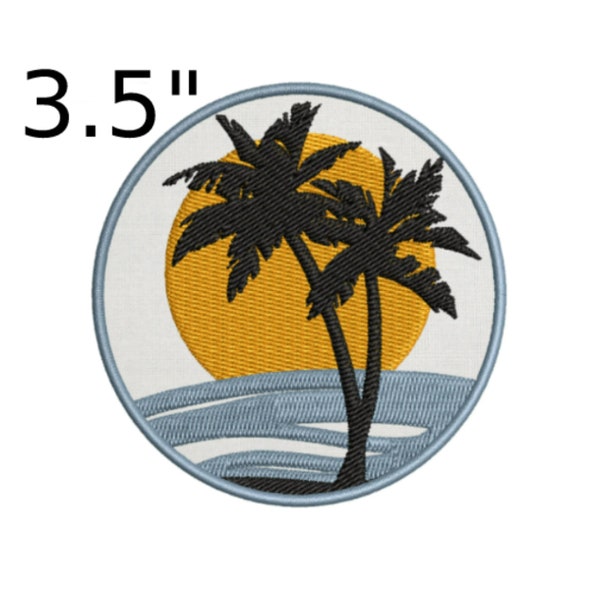 Palm Trees Golden Sunset Ocean Waves Souvenir Patch 3.5" Embroidered DIY Iron-On Custom Applique, Vacation Beach Fun in Sand Surf Swimming