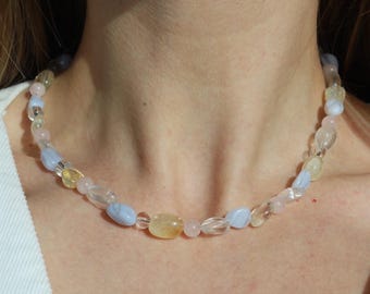 Chunky beaded gemstone necklace, citrine agate layered necklace, summer necklace