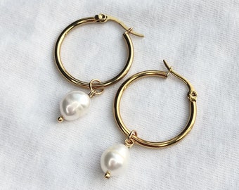Pearl hoop earrings , pearl earrings, gold pearl earrings